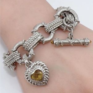 Judith Ripka Sterling Silver Citrine Heart Charm Cable Link Toggle Bracelet LNA2